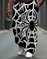 Men's Street Fashion Spider Web Printed Big and Tall Pants with Pockets & Drawstring